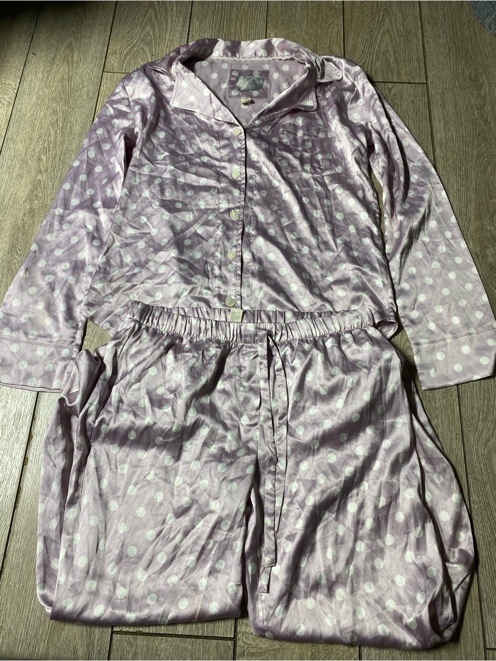 Victoria's Secret Signature Satin Pajama Set Icy Lavender Polka Dot Long Sleeve